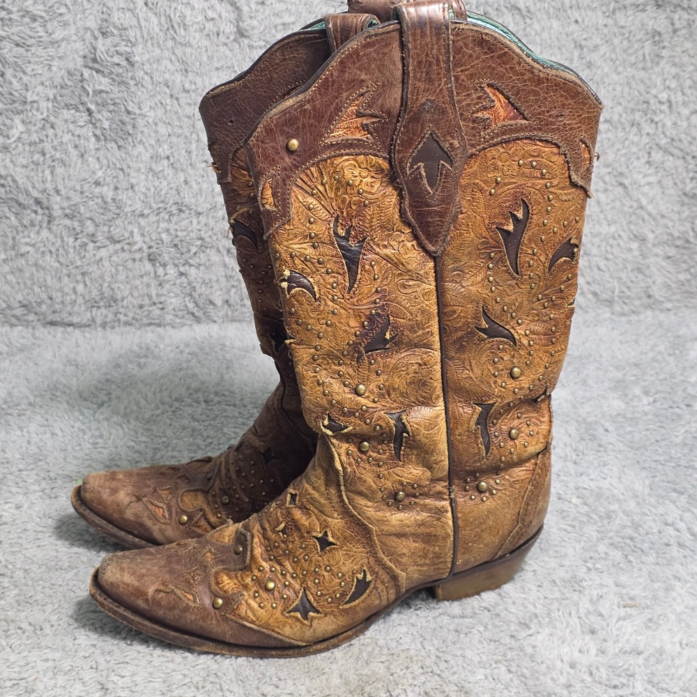 WELL‎ WORN Corral Western Cowboy Boots Brown Leather Studded Embossed Womens 8